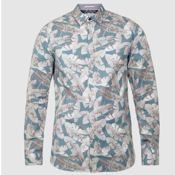 Ted Baker Ramseys Button Down Shirt Men’s XL (Ted 5) Blue Palm Leaf Flip Cuff - Picture 1 of 11